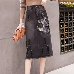 Skirt Fashion Mid-Length Ripped Embroidered Denim Skirt Women's 2023 Spring Summer New High-Waisted A-Line Skirt Split Hip Skirt