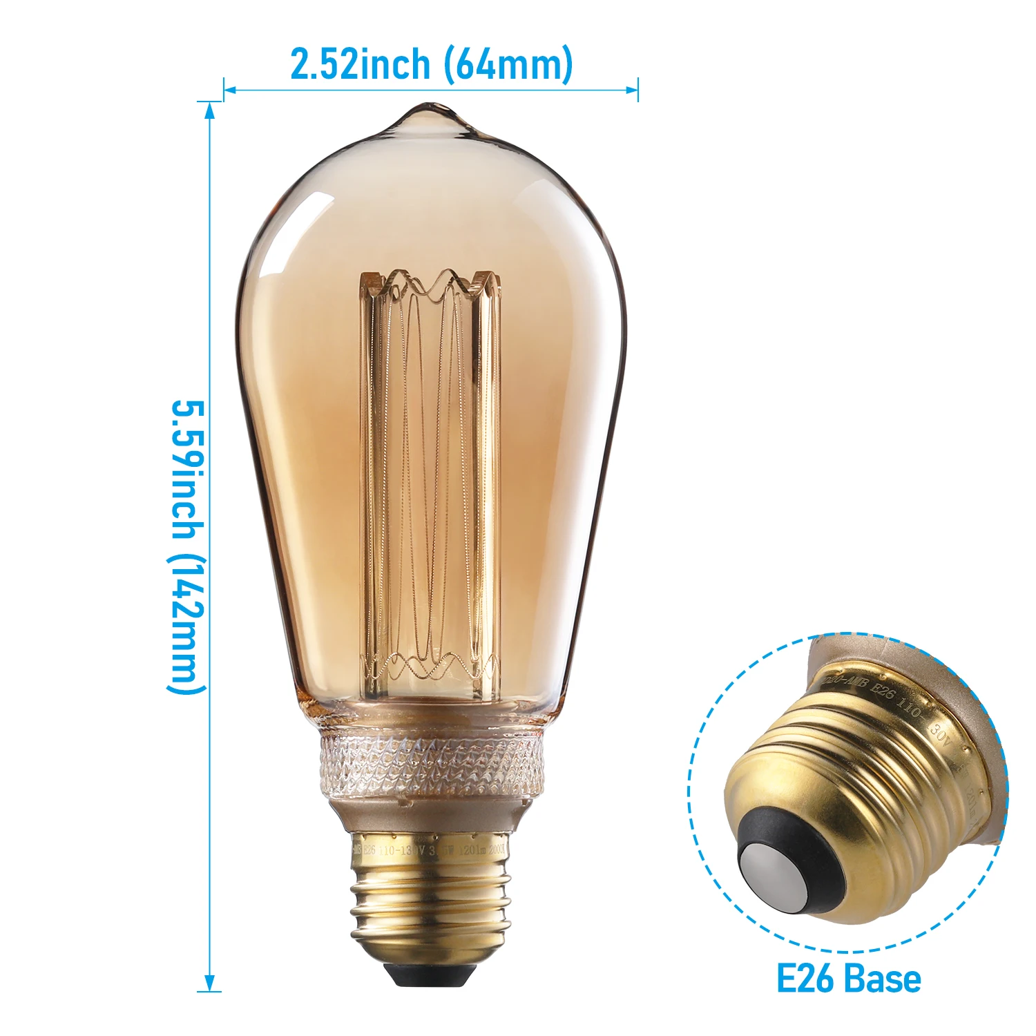 2 Pack LED ST64 Vintage Edison Bulbs 3.5W, E26 Base, Amber Glass, Antique Decorative Light Bulbs, 2000K Soft Warm