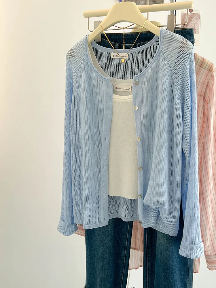 Women Summer New Buttons Thin Knit Long Sleeved Cardigan O-neck Outside Seaside Sunscreen Shirt Simple Solid Color Tops