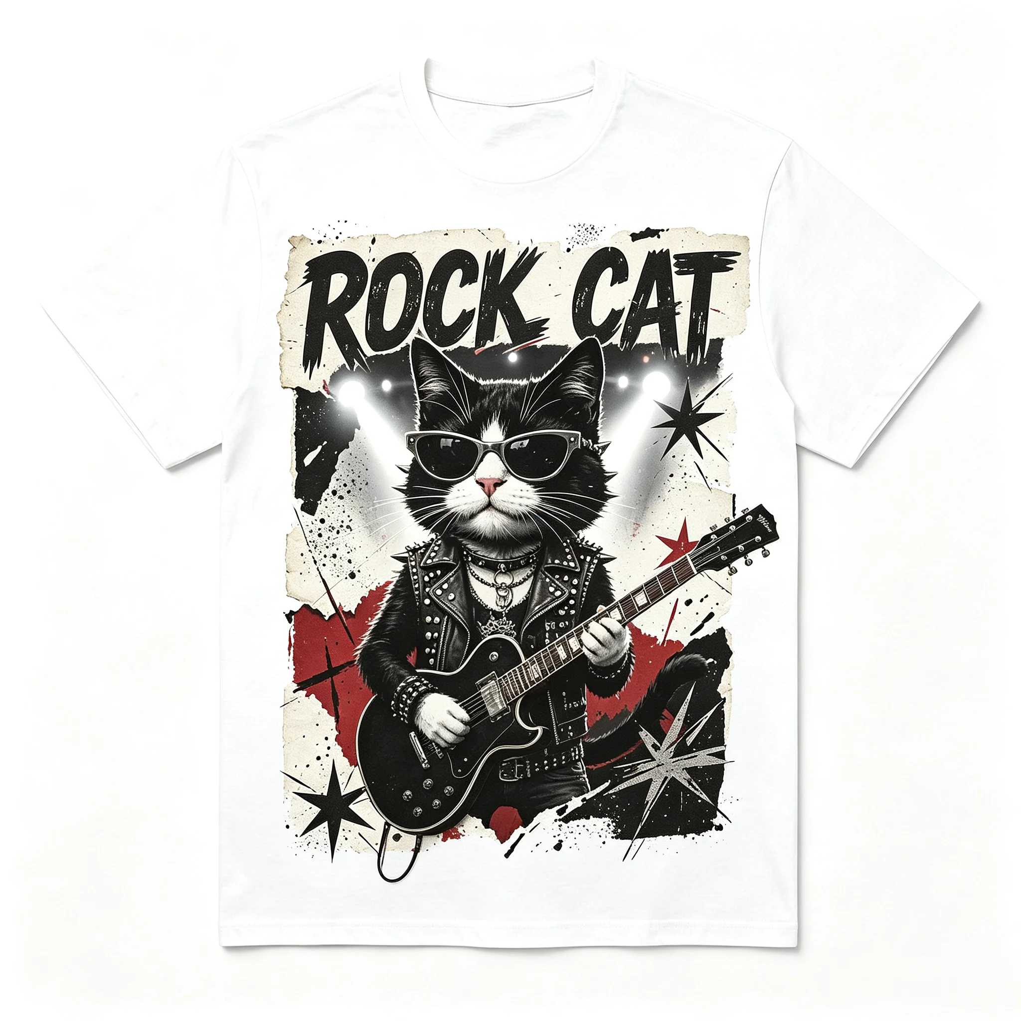 Unisex Men Women Oversized T‑Shirt Rock Cat Retro Punk Poster Print Cool Cat Playing Electric Guitar Rock Band Street Art Tees Casual Loose Short‑Sleeve Streetwear Cotton Tshirt