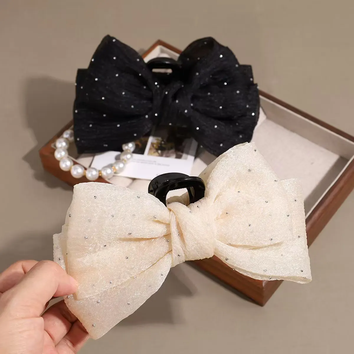 Fashionable Black Mesh Butterfly Knot Hair Clip Elegant Versatile Hair Accessory with Sparkling Diamonds for Back of Head Shark image 2