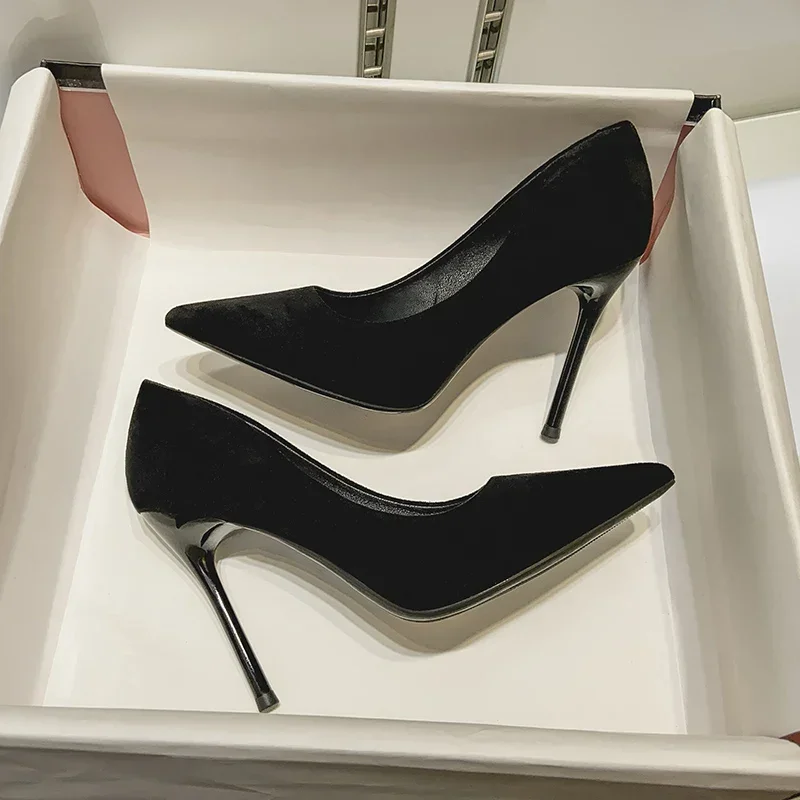 Zapatos de tacón alto de ante para mujer, calzado de oficina a la moda, de fiesta, cómodos, 2024