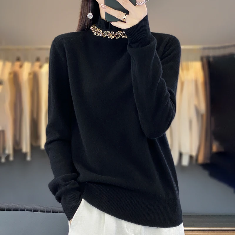 23Fall Winter New Woolen Sweater Women\'s Fungus Collar Long Sleeve Pullover 100% Pure Wool Loose-Fitting Diamond Bottoming Shirt