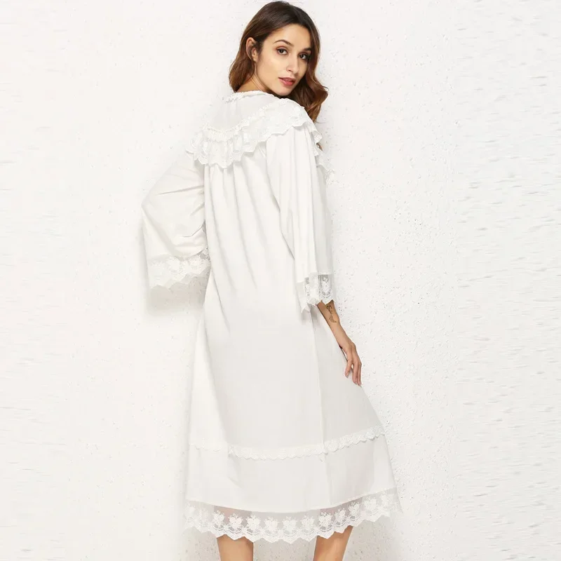 Victorian Cotton Night Dress Women Autumn Winter White Long Sleeve Vintage Nightgowns Romantic Peignoir Robe Princess Sleepwear