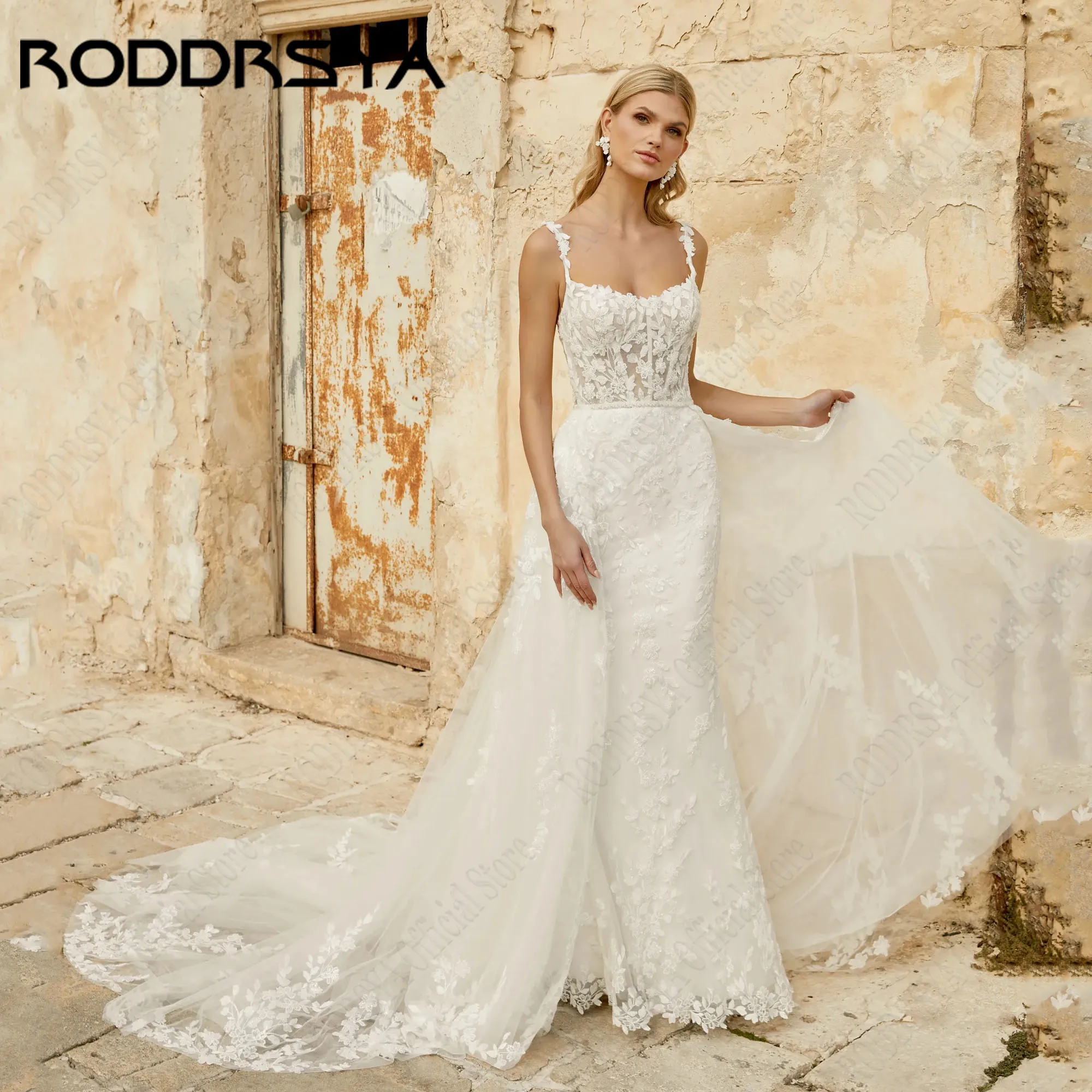 

RODDRSYA Mermaid Wedding Dress Detachable Train Spaghetti Straps Backless Appliques Bride Gown Luxury Tulle vestidos Customized
