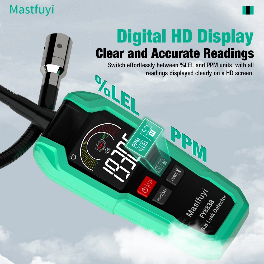 เครื่องตรวจจับก๊าซรั่วแบบดิจิตอล MASTFUYI, เครื่องตรวจจับก๊าซหลายชนิด 9999PPM สำหรับก๊าซธรรมชาติ, แอลพีจี, มีเทน โพรเพน พร้อมสัญญาณเตือนด้วยเสียงและแสง