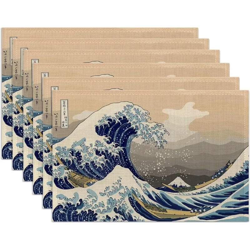 Japanese Style Wave Pattern Floral Multi-Print Linen Placemats for Party Kitchen Dining Room Decoration