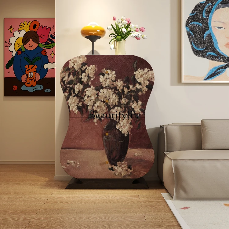 

Medieval style four-chest cabinet oil painting flower household living room high-end homestay bedroom storage locker