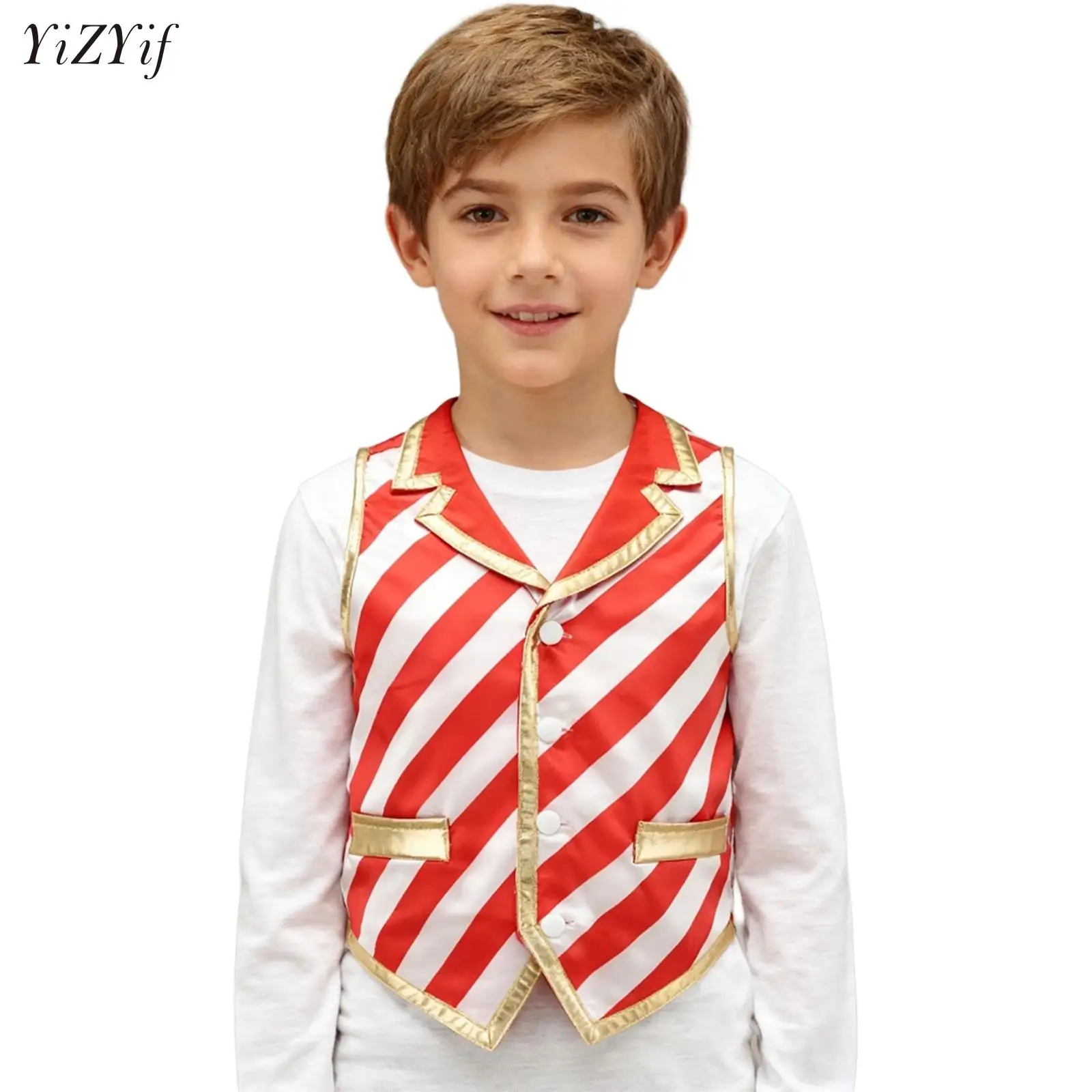 

Boys Christmas Candy Cane Striped Costume Santa Claus Elf Cosplay Vest Latin Jazz Disco Dance Choir Waistcoat for Xmas Party