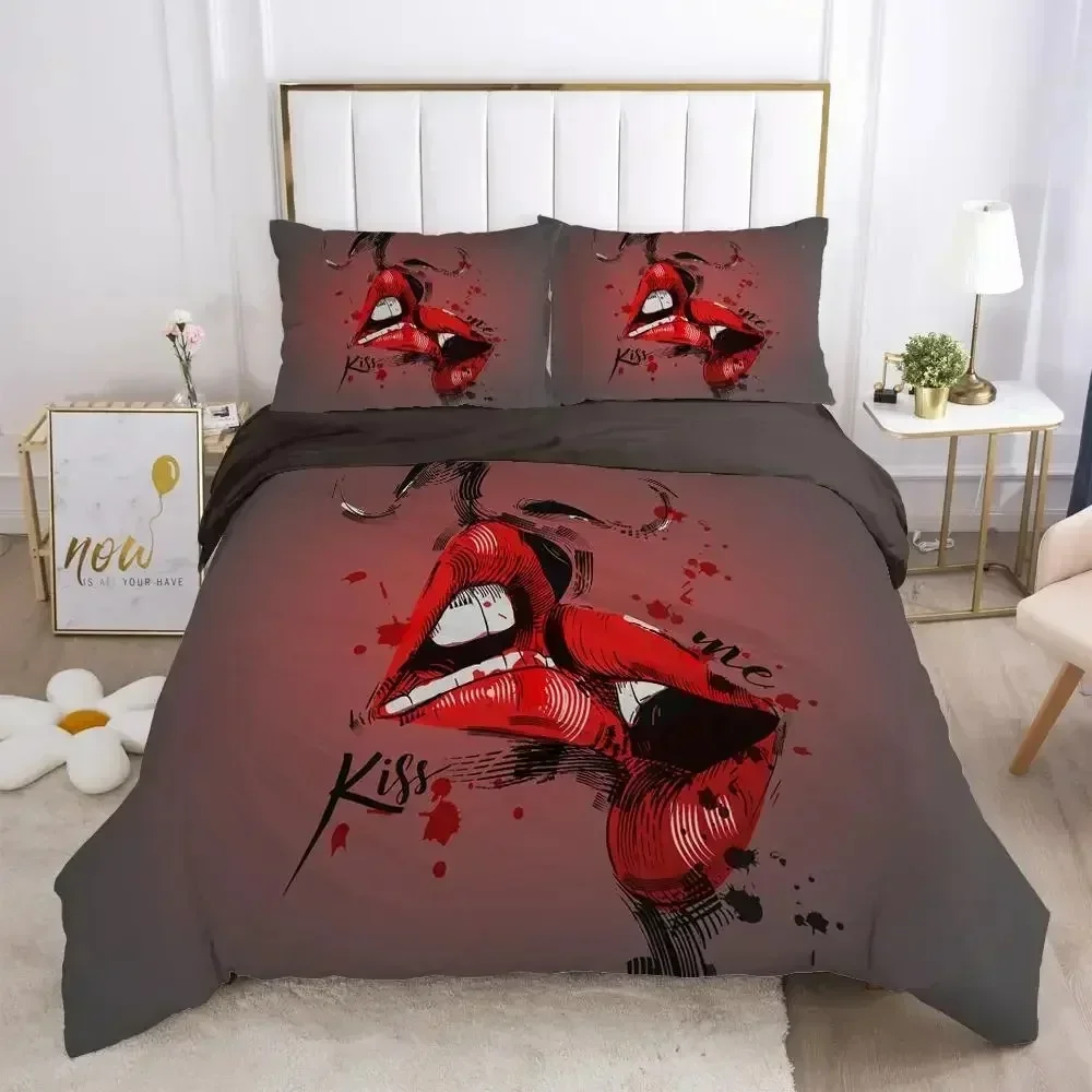 

Red Lips Duvet Cover Sets Queen Polyester Love Twin Bedding Sets Sexy Theme Adult Couple Comforter Cover Kiss Marks Quilt Cover
