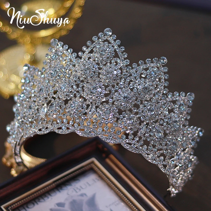 NiuShuya New Korean Style Luxury Super Sparkling Rhinestone Large Crown Classic  Wedding Dress Headwear Accessories