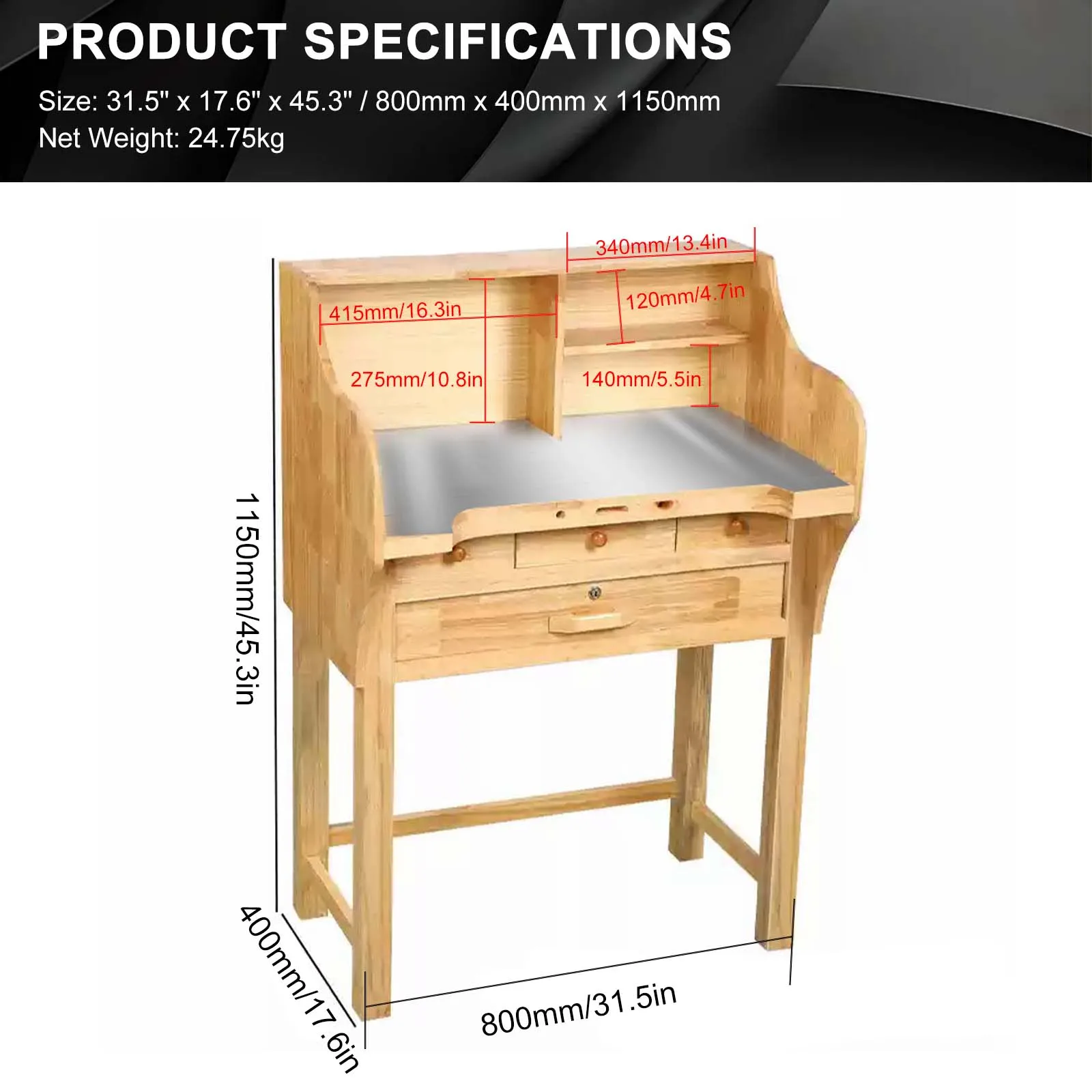 Professional Jeweller Wooden Workbench Jewelry Making Bench with Metal Casting Area Solid Oak Wood Craft Table