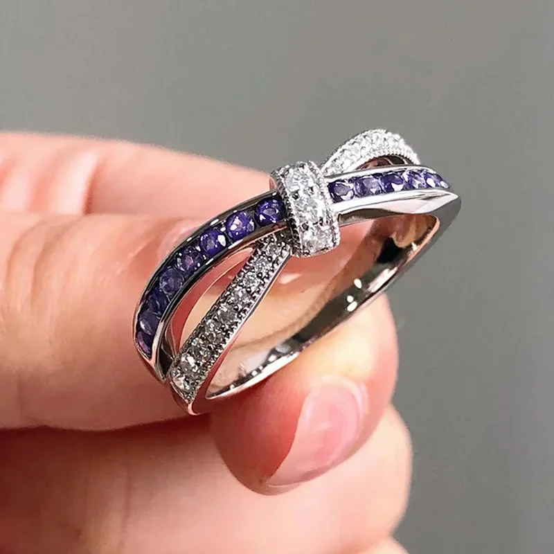 Luxury Female Rings 925 Sterling Silver Cross Shaped Bow Ring Amethyst Infinite Finger Statement Wedding Jewelry Drop Ship