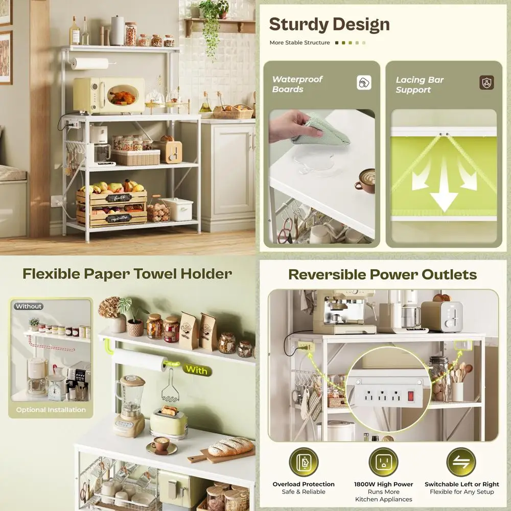 

4-Tier Microwave Stand with Reversible Outlet, 31.5 Kitchen Coffee Bar, Top Shelf, 6 Hooks, White