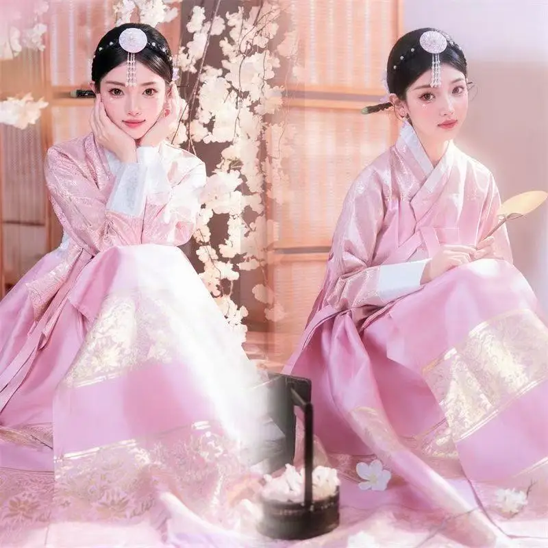 Elegant Pink Hanbok Women's Korean Traditional Costume Hot Silver And Gold Plated Yanji Travel Wedding Bride Uniforms Hanboks