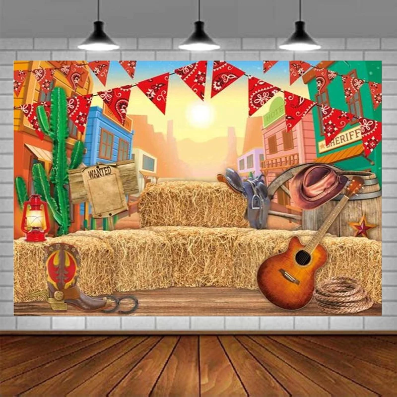 Western Town Photography Backdrop Wild West Cowboy Cowgirl Baby Shower Birthday Party Supplies Countryside Wheel Barn Background