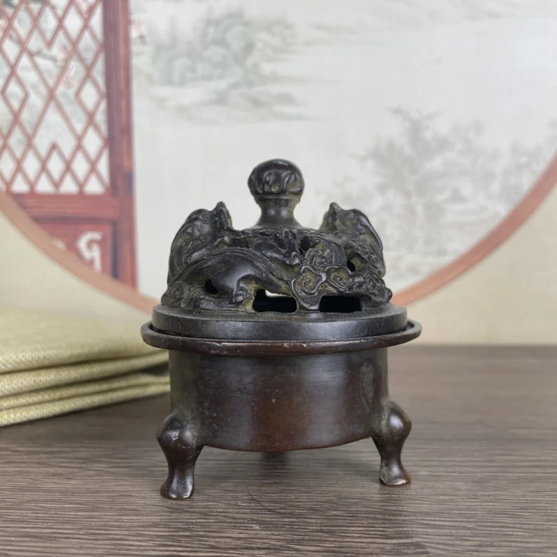 

Antique Style Open Lid Double Dragon Playing with Beads Three-legged Incense Burner Ornament Chinese Home Aromatherapy Burner An