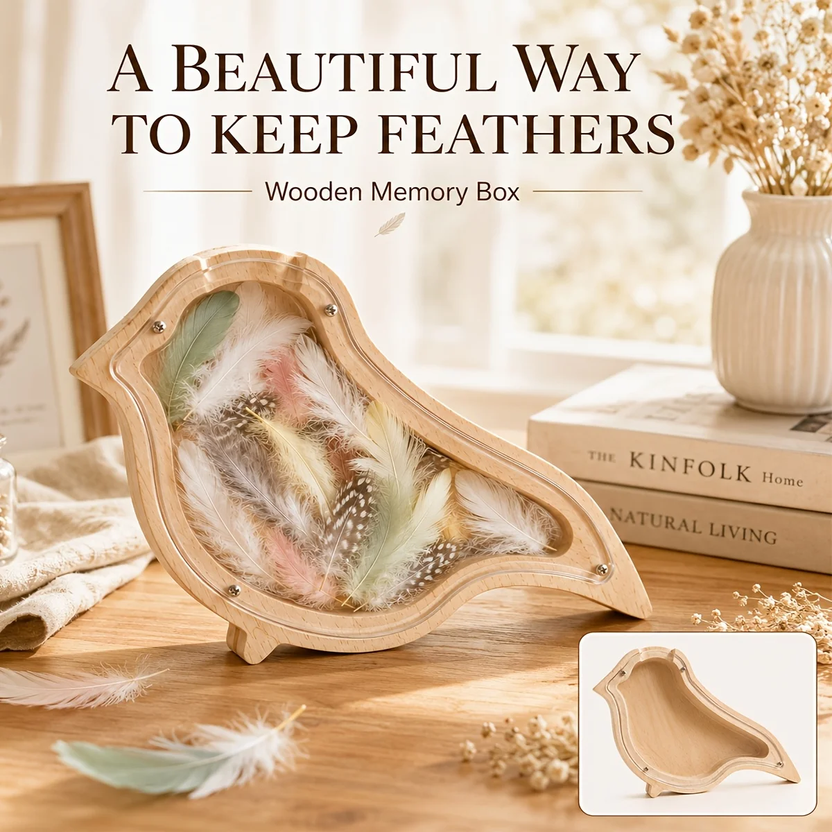 Natural Wood Bird Shadow Box Clear View Acrylic Panel Small Collectible Feather Specimen Display Case Tabletop Ornament Gift