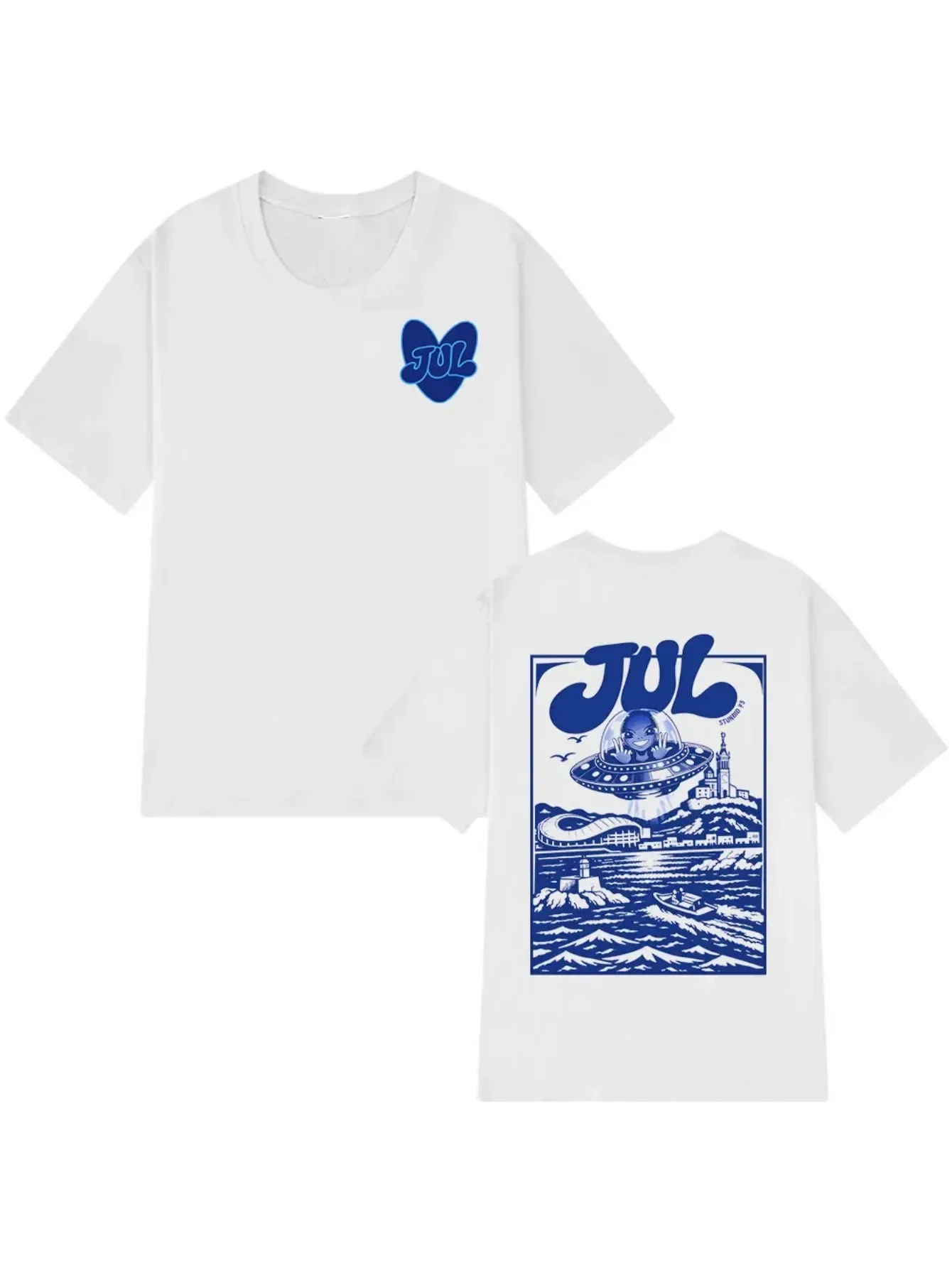 Men's JUL Rapper Pattern Summer T-Shirt French Hip Hop UFO Ocean Print T-Shirt, Casual Street Style Short-Sleeve Top