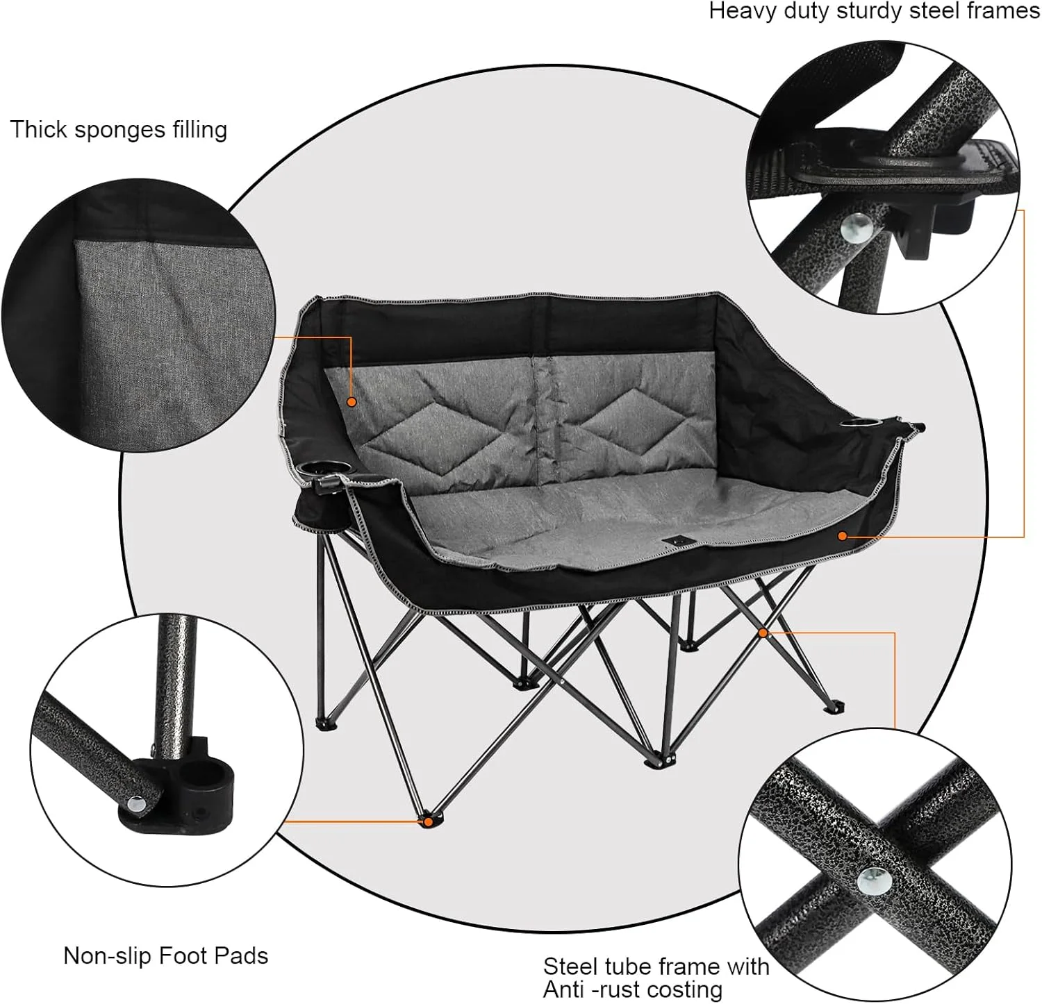 Custom Portable Folding Couple Heated Double Seat Outdoor Furniture Leisure Luxury Lazy Folding Camp Garden Beach Chairs