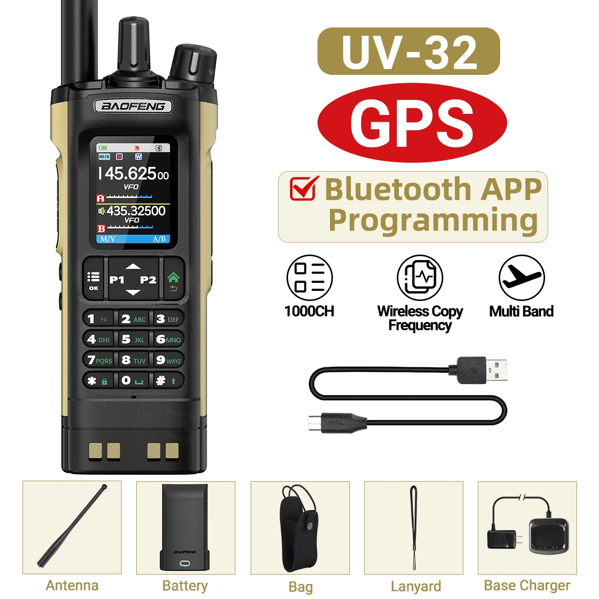 BAOFENG UV-32 Walkie Talkie GPS Multi Band 10W Bluetooth Draadloze Programmering Kopieerfrequentie 1000CH Lange afstand Ham Tweerichtingsradio