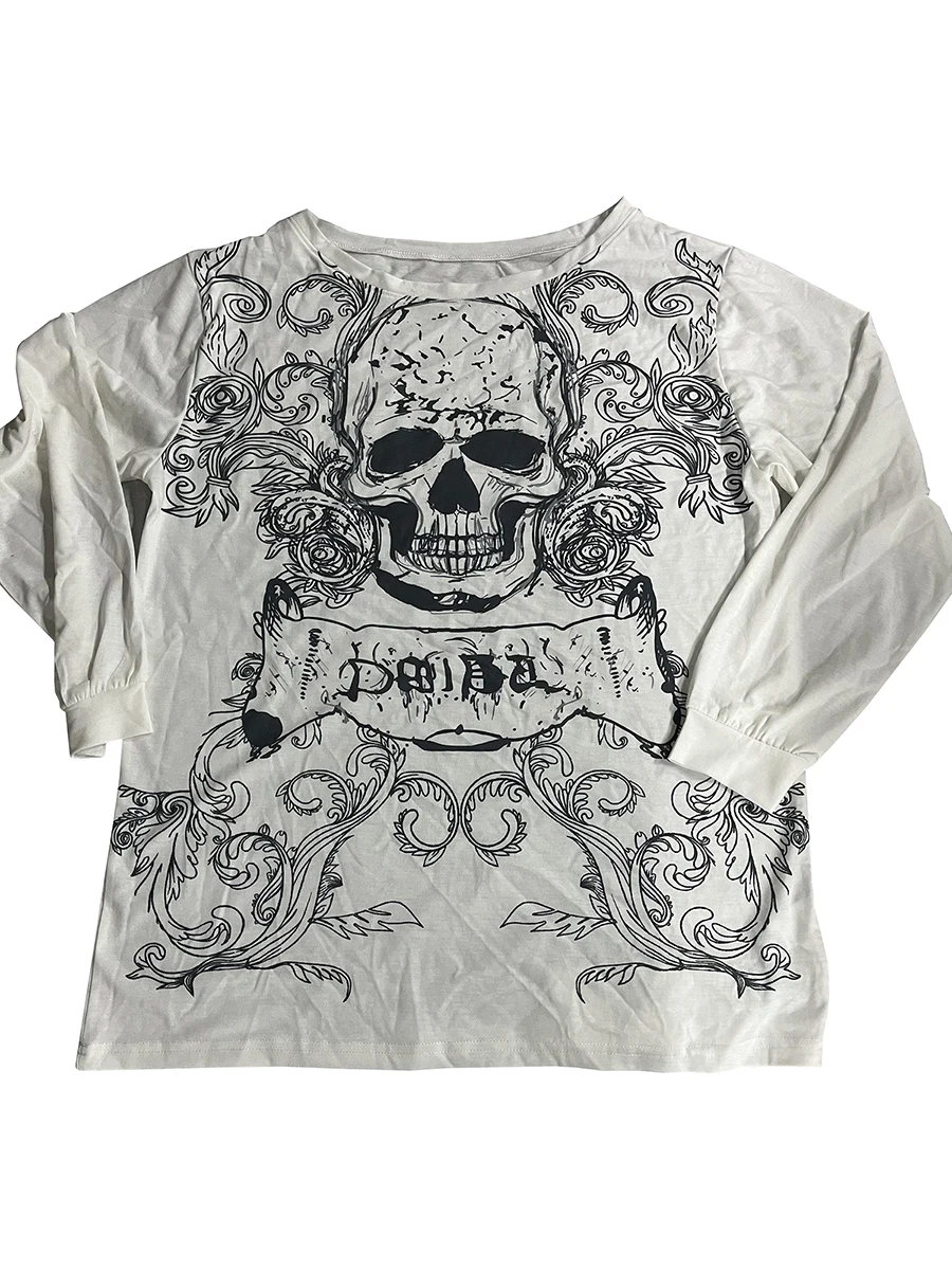 Halloween Women\'s Long Sleeve Off Shoulder Skull Print Pullover Punk Tops Y2K Grunge Fairy T-Shirt Street