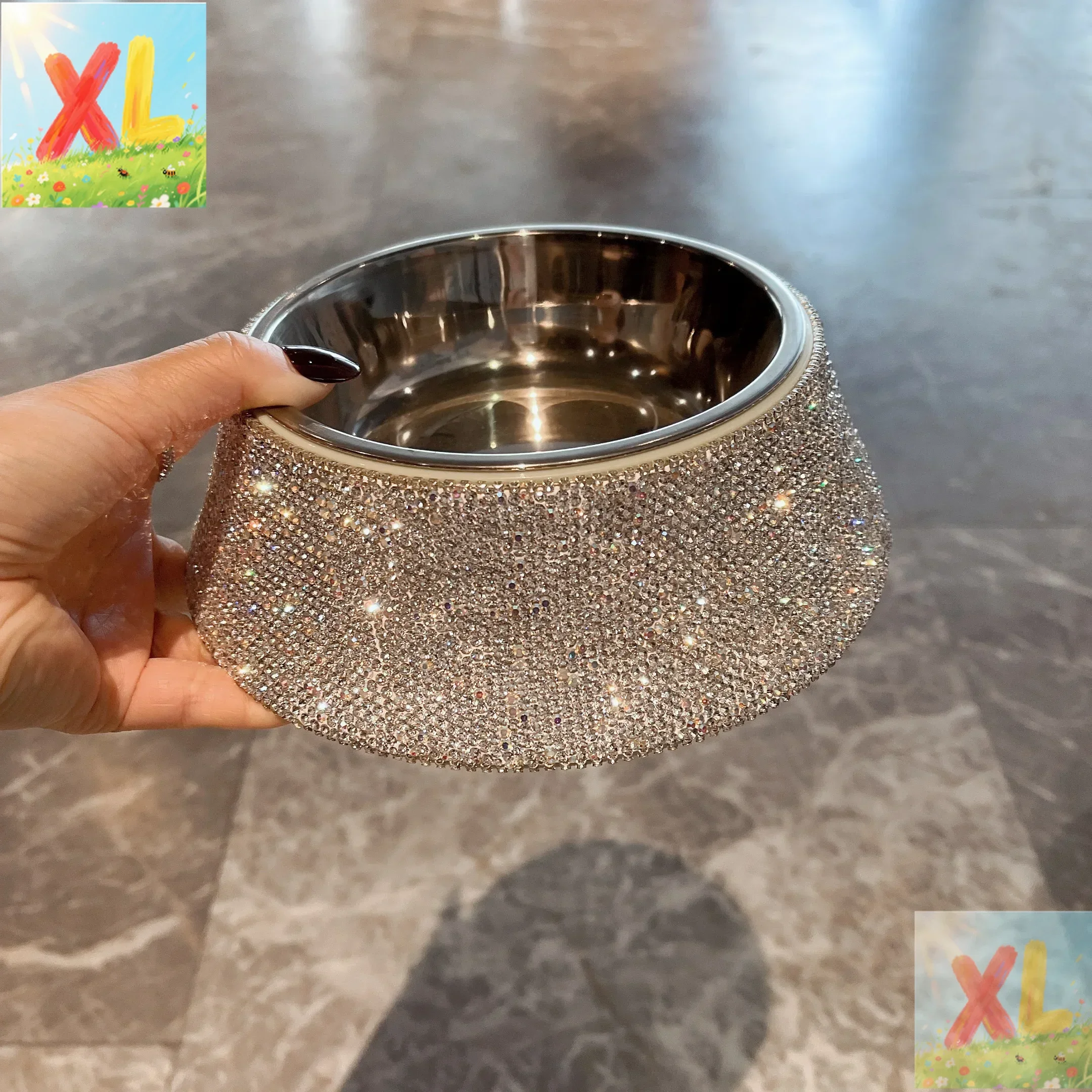

Dog Bowl Stainless Steel Double Bowl Cat Bowl Light Luxury Diamond Set Pet DrinkingCat Dog Rice