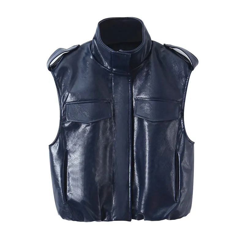TFAFXY 2026 Spring New Vintage Faux Leather Women Stand Collar Vest Jackets Straight Mini Skirt Fashion Two Piece Set image 2