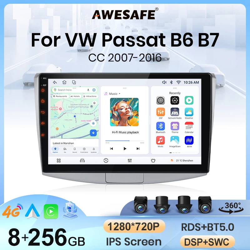 Autoradio sans fil AWESAFE CarPlay Android Auto pour VW Passat B6 B7 CC 2007 2008-2016 2 DIN Stéréo multimédia avec ventilateur de refroidissement intégré Systèmes intelligents Écran tactile Lecteur vidéo Unité principale Autoradio Navigation Bluetooth GPS SWC 4G WIFI RDS FM DSP
