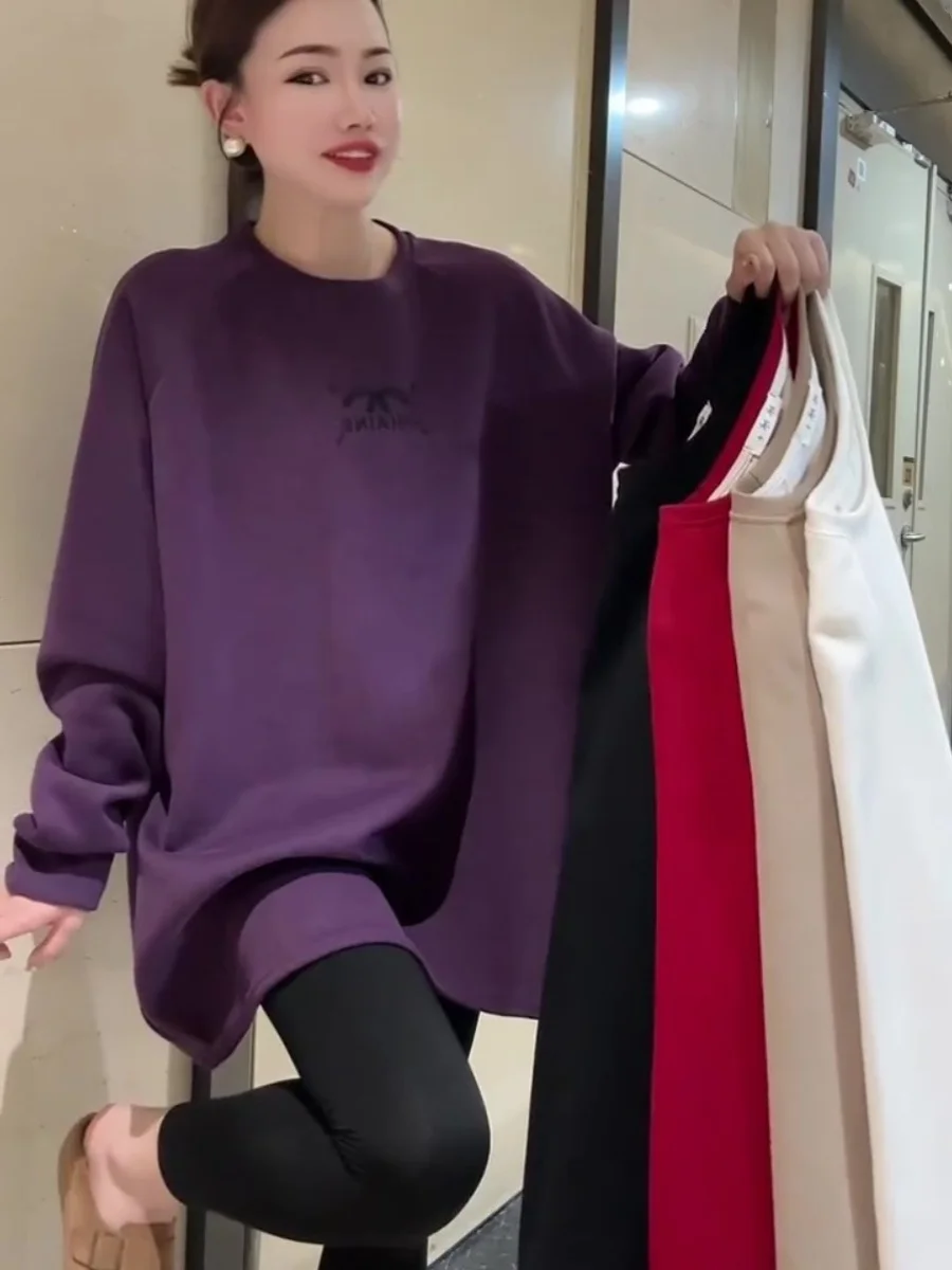

plus Size Women's Embroidered Sweatshirt Loose Long Style for Heavy Girls Autumn Winter Slimming Top Missing Bottom Trend