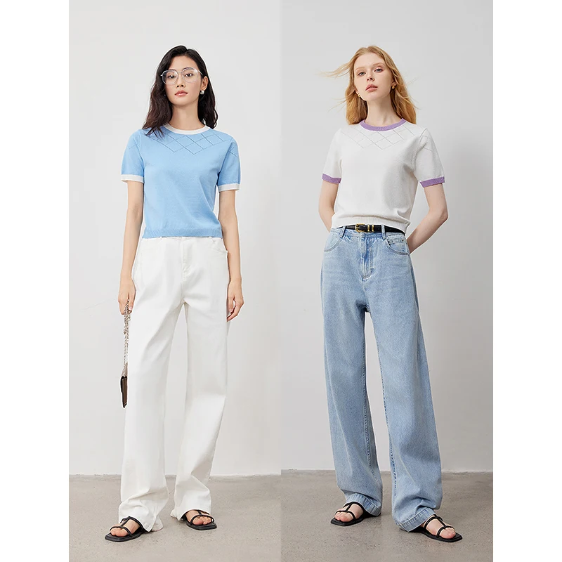 TOYOUTH Women Knitwear 2024 Summer New Ice Refreshing Silk Short Sleeved Top