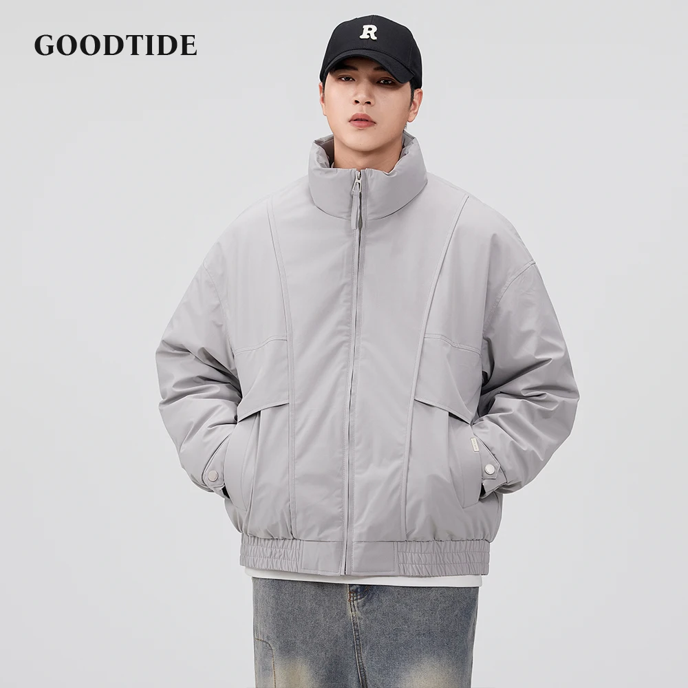 سترة منفوخة بسحّاب غير رسمية للرجال موضة شتاء 2025 بياقة واقفة جديدة تصميم متعدد الجيوب فضفاض مناسب للرجال سترة دافئة للأسفل