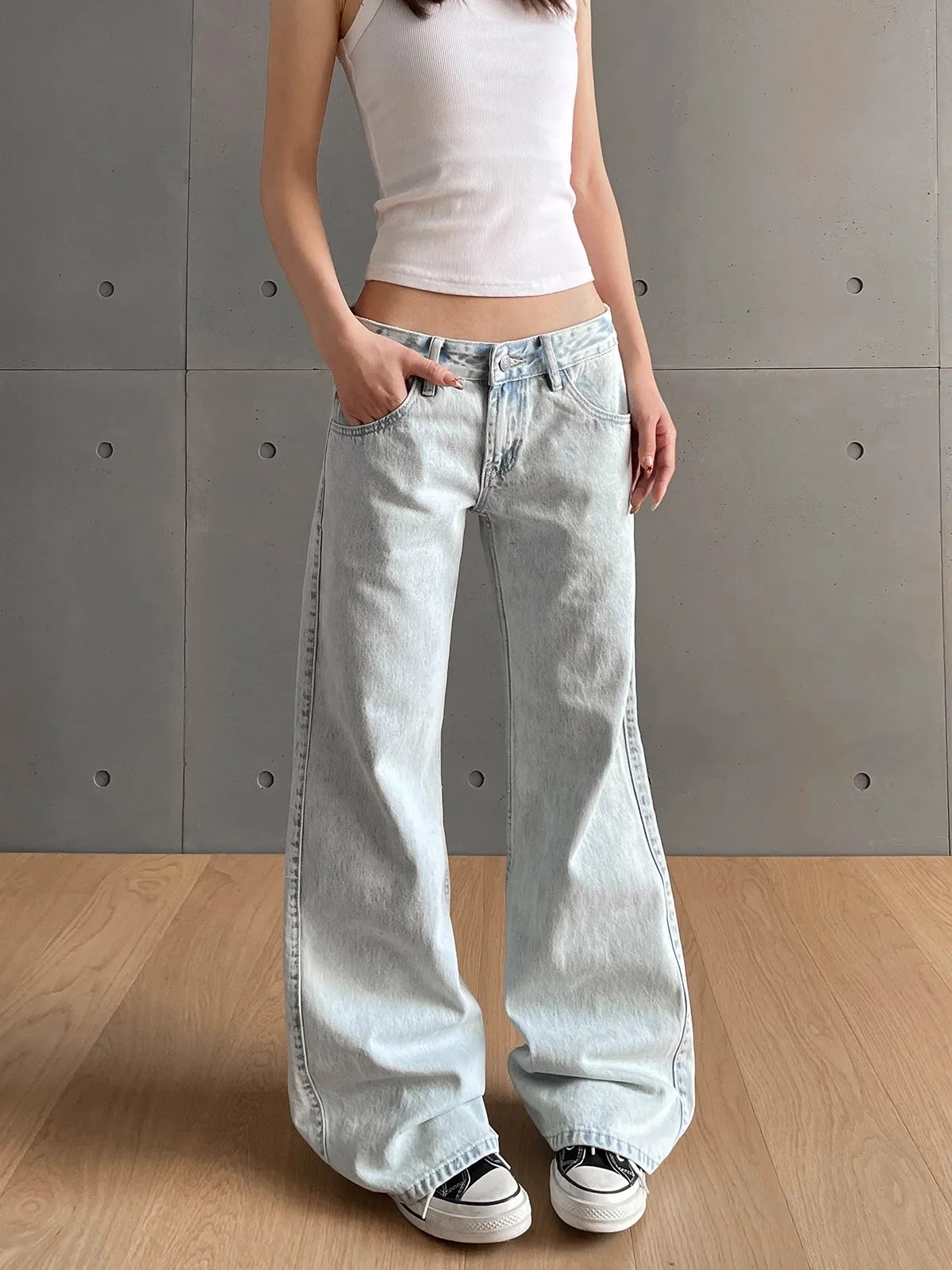 y2k Vintage Damen Jeans Niedrige Taille Reißverschluss Knopf Solide Hose mit Taschen Ästhetische Streetwear Gewaschene Jeans