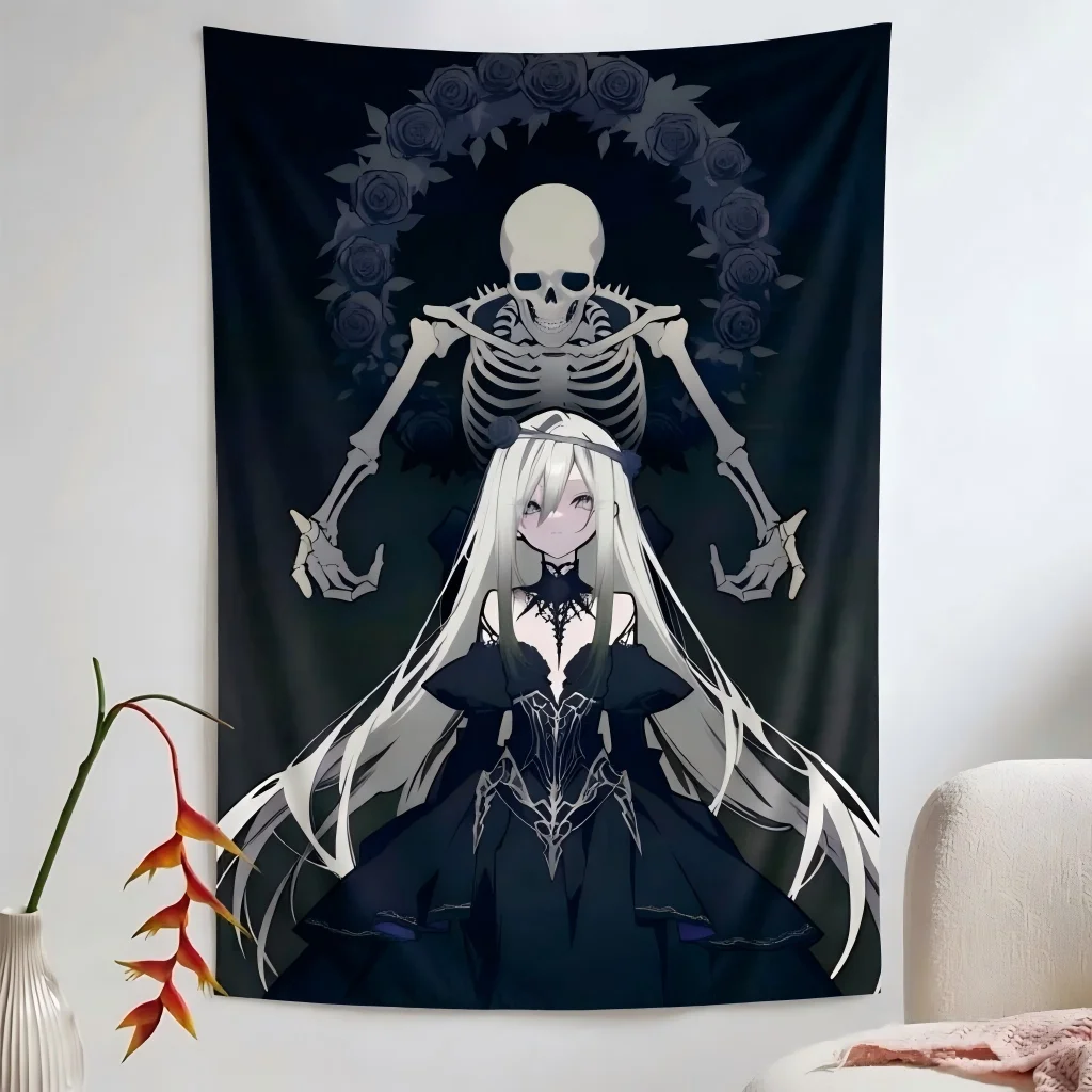 Witchy Occult Anime Tapestry Gothic Girl White Hair SkeletonWall Hanging Art for Dorm Bedroom Dark Aesthetic Room Home Decor