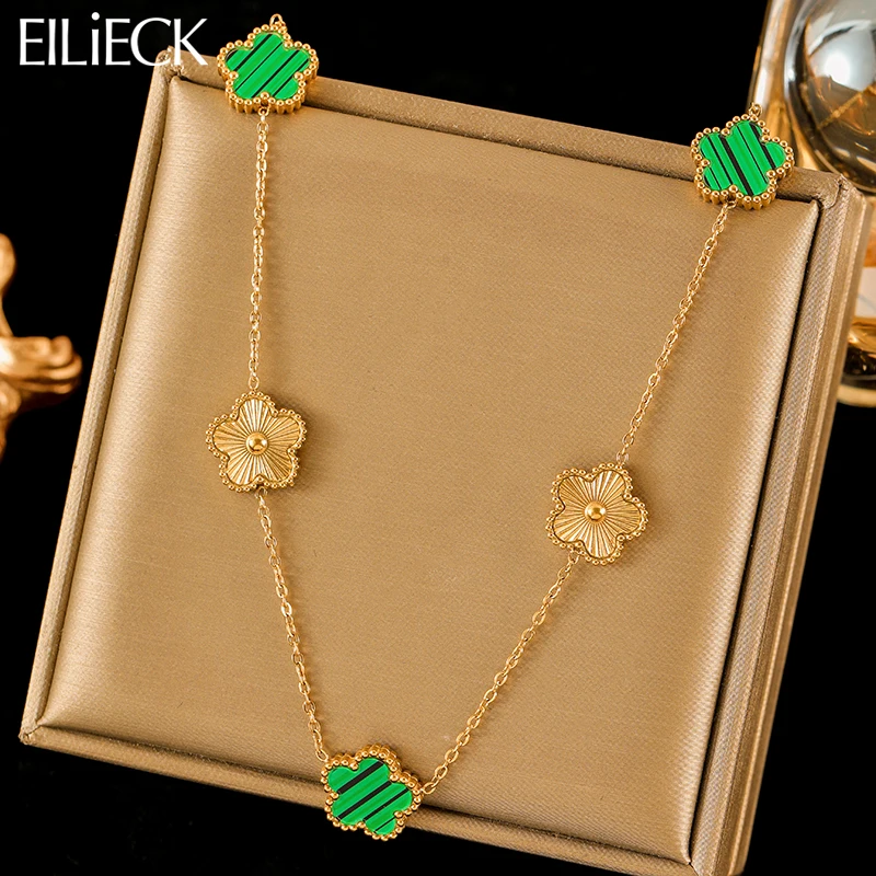 EILIECK 316L Stainless Steel Green Five Leaf Flower Pendant Necklace For Women Fashion Two-Sided Clover Neck Chain Jewelry Gift