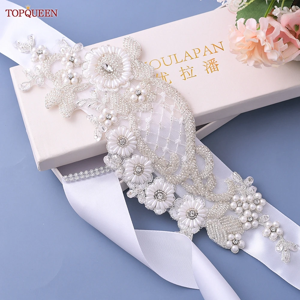 TOPQUEEN Women\'s Lace Handmade White Pearl Applique Belt Prom Party Dress Wedding Belt Woman Flowers Belt For Dress S91