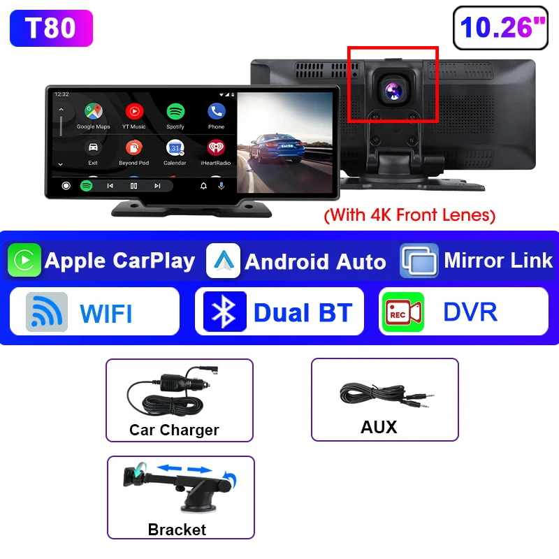 Srnubi 10.26 "Dash Cam 4K Autospiegel Videospeler Draadloze Carplay Android Auto Monitor Multimedia GPS Achteruitkijkcamera Dashboard