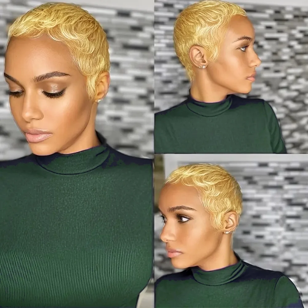 

Парик с стрижкой пикси для женщин, парик машинного производства, человеческие волосы, вьющиеся волны, стиль, натуральный блондин # 27Идеально подходит для повседневного ношения Парик для повседневного ношения