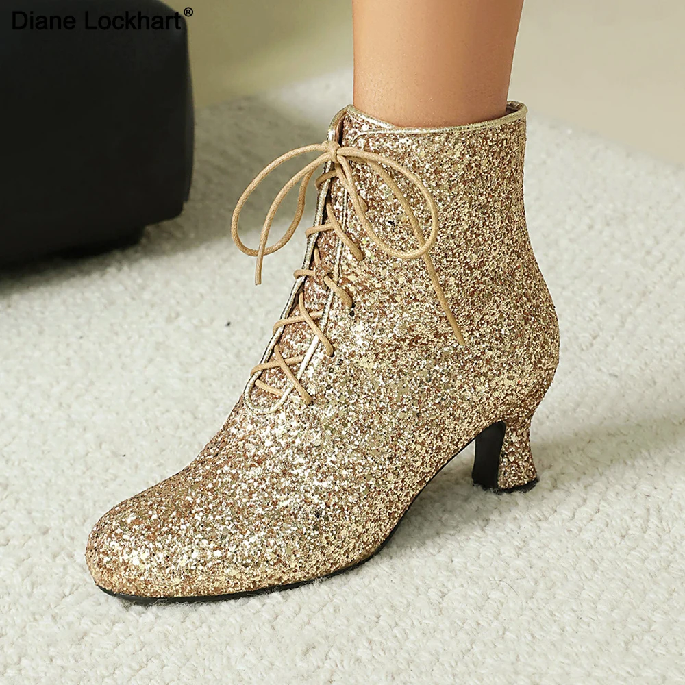 

2025 Hot Sale Elegant Women's Sexy Sequinned Ankle Boots Women Shoes Lace Up Short Heels Round Toe Modern Lady Booties Female