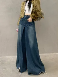 GUUZYUVIZ-High Waist Loose Fitting Denim Skirt for Women, Vintage Blue Pants, Ultra Wide Leg Jean Trousers