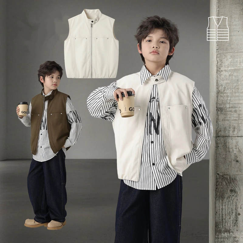 

Stylish Children Fashion Design White Brown Color Leather Vest for Teen Boys Casual Sleeveless PU Jacket Kids Leather Waistcoat