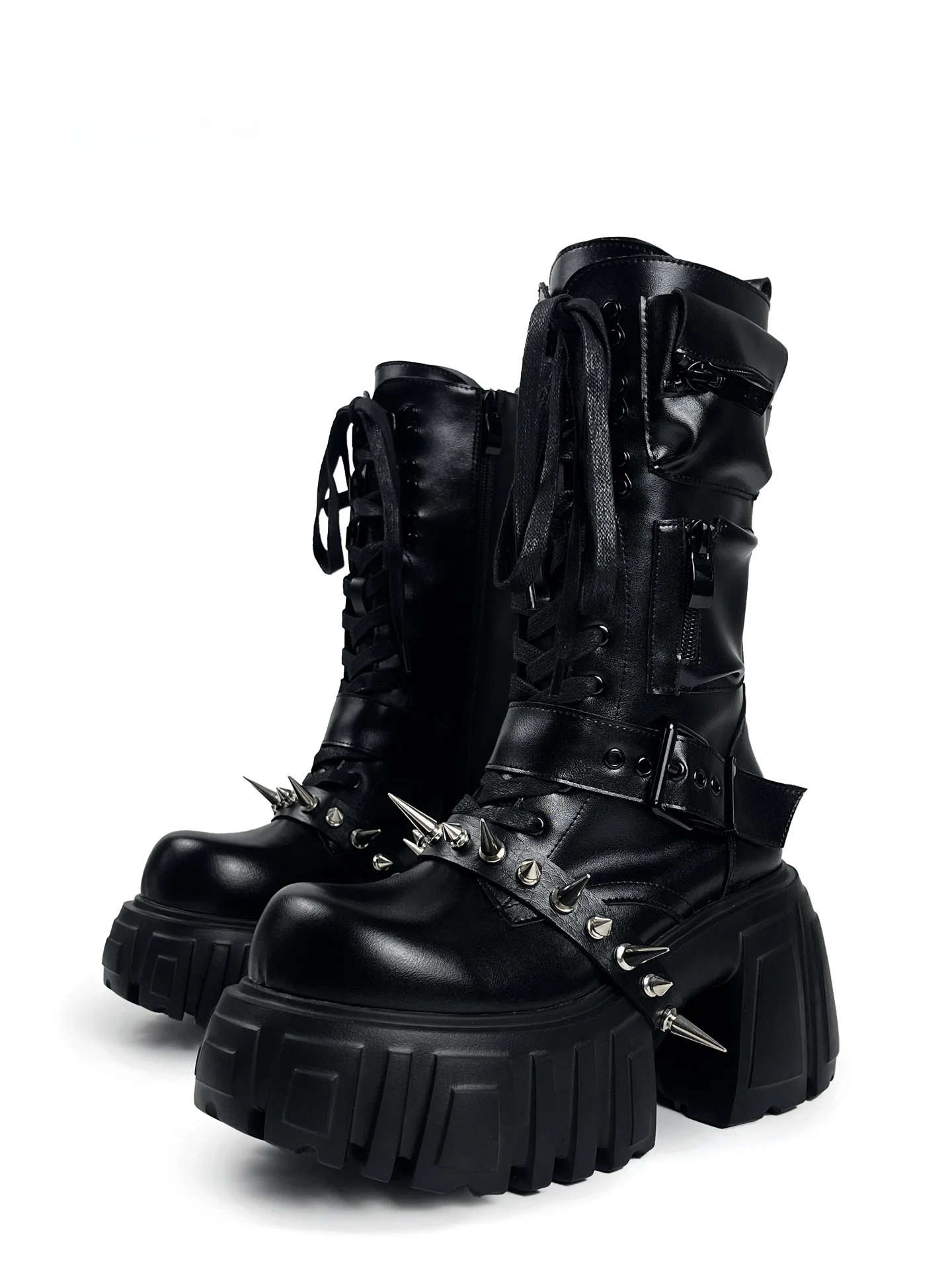 MibVias Original Punk Style Mid-Calf  Boots Women's Heavy Metal Rivet Cyber Thick Bottom Knight Boots Women