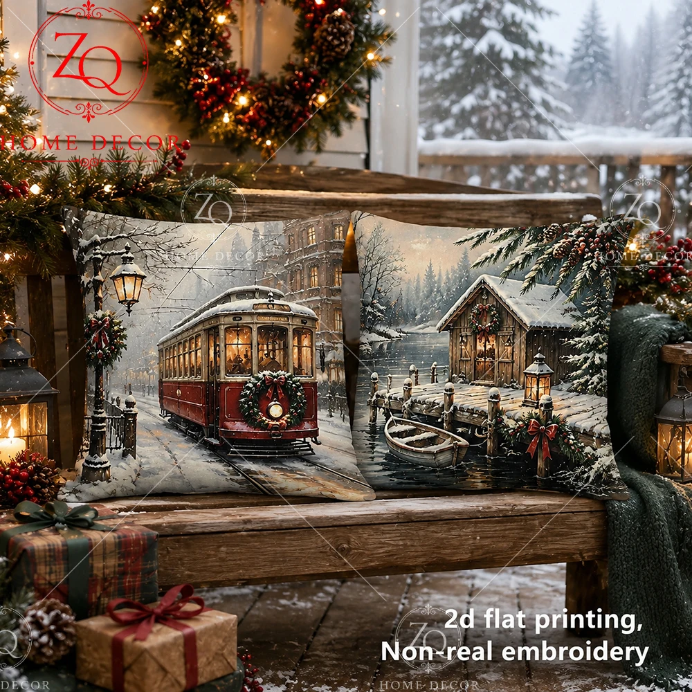 Christmas Vintage Tram  Lake Cabin Throw Pillow Covers Soft Winter Holiday Decorative Cushion Cases For Sofa Bedroom