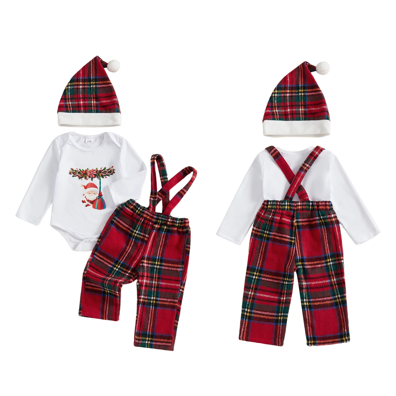 2026 السنة الجديدة عيد الميلاد بيبي بوي فتاة زي عيد الميلاد سانتا طويلة الأكمام رومبير منقوشة الحمالات السراويل وقبعة 3 قطعة مجموعة