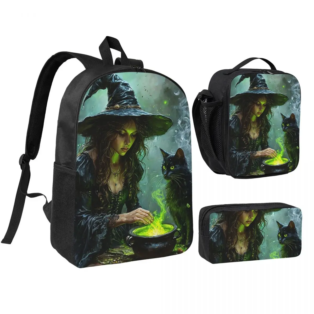 Enchanting Witch And Cat Fantasy Potion Backpack Boys Girls BookBag School Bag Shoulder Bags 3ps Insulated Lunch Bag Pencil Case