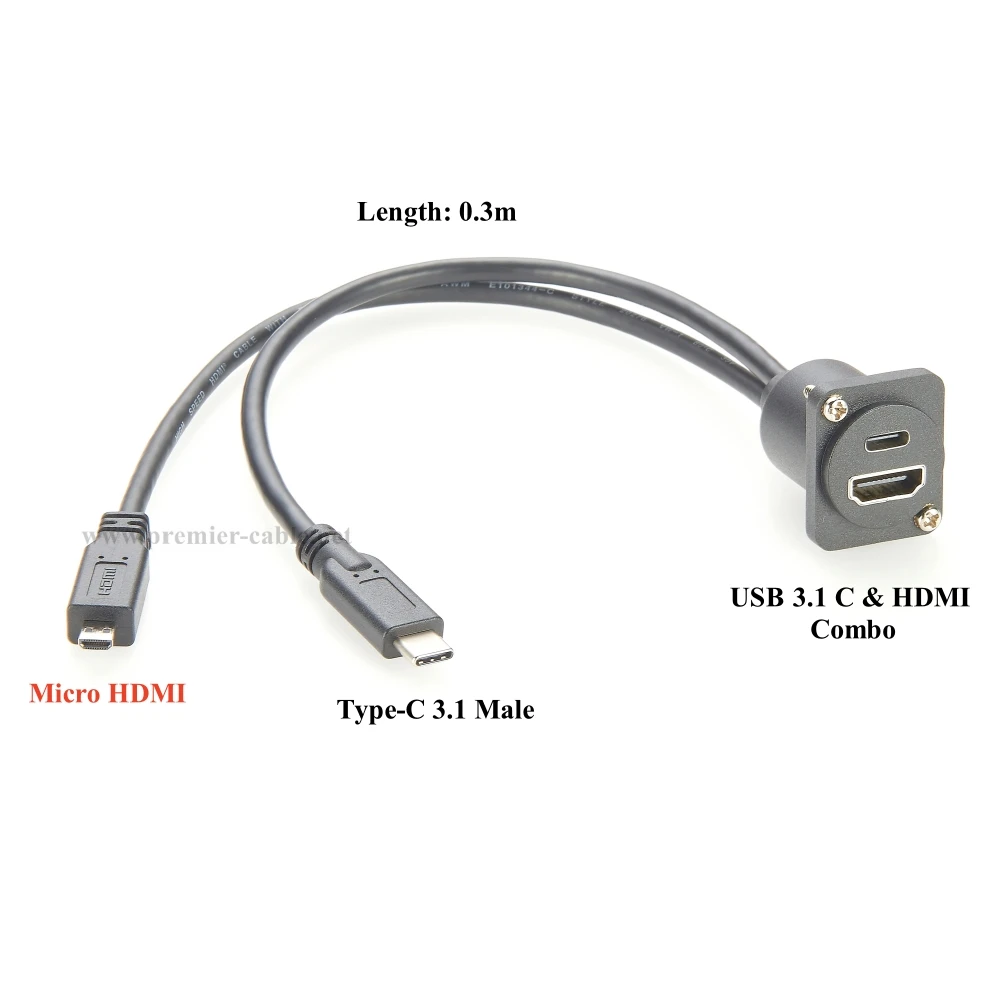 D-Type Dual USB 3.1 C HDMI Combo Extension Cable 10Gbps Type-C to Micro HDMI Panel Chassis Flange Mount Cord for Raspberry Pi