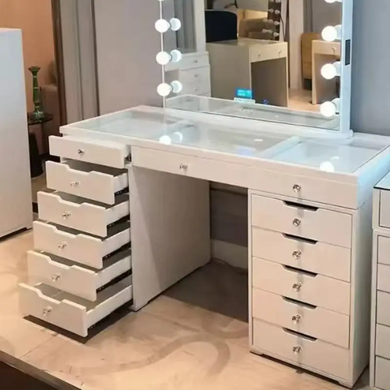 Modern Wood Vanity Makeup Table Set with Adjustable Brightness LED Lighted Mirror 11 Drawers Foldable Design