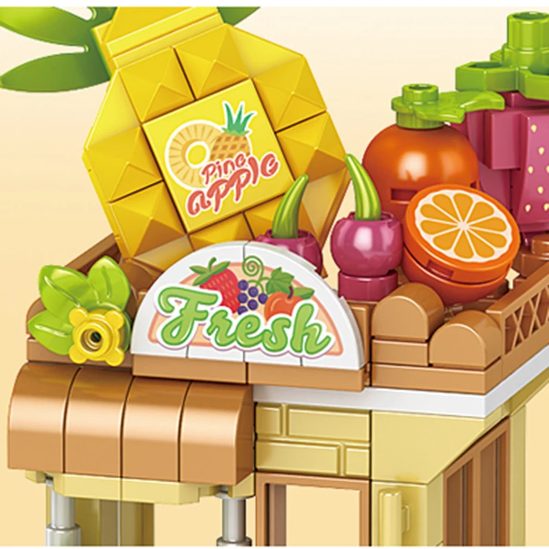Bloques de construcción de ciudad, tienda de frutas, tienda de flores, conjunto de modelo de casa, decoración de escritorio, juguetes DIY para niños, regalo de cumpleaños y Navidad