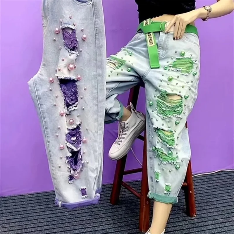 2024 Fashion Denim Pants Spring Summer New Women Casual All-Match Bead Contrasting Colors Hole Harun Cowboy Pants Female