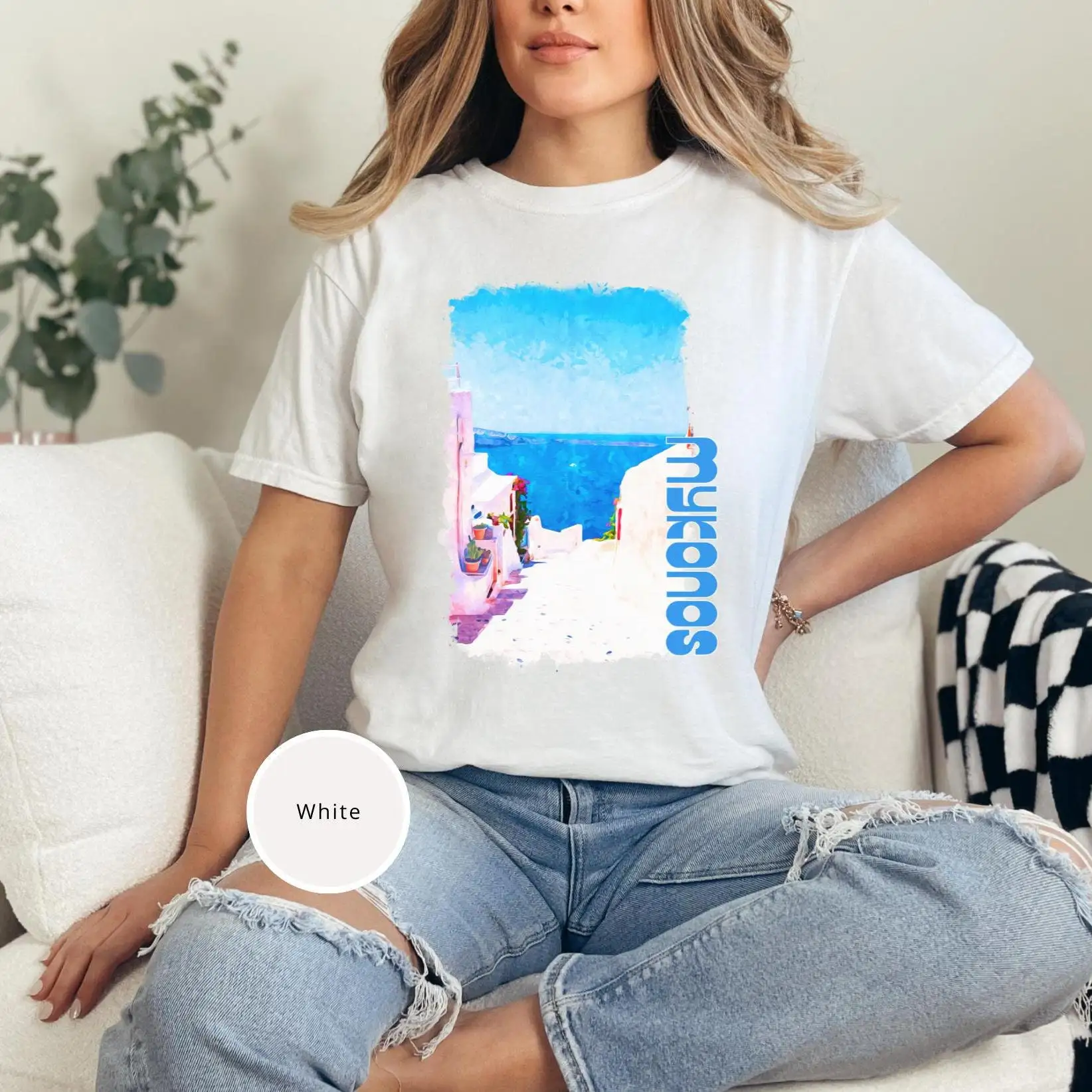 Comfort Colors Mykonos Greece Travel T Shirt Watercolor for Family Trip Souvenir Vacation Plus Sizes